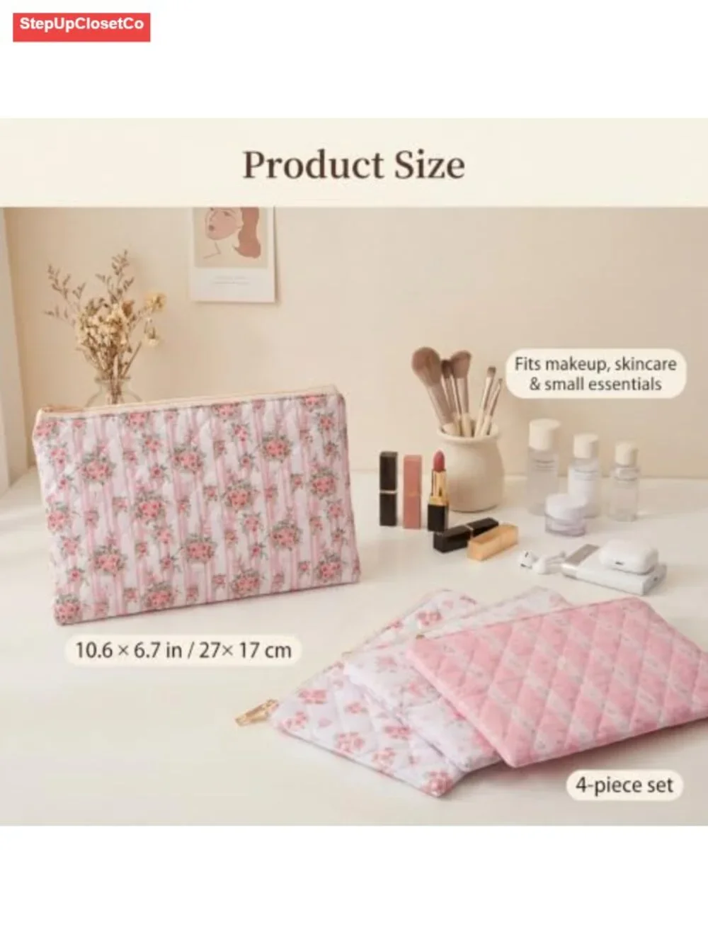 Cotton Makeup Bag Floral Cosmetic Pouch Zipper Travel Case Roomy Storage